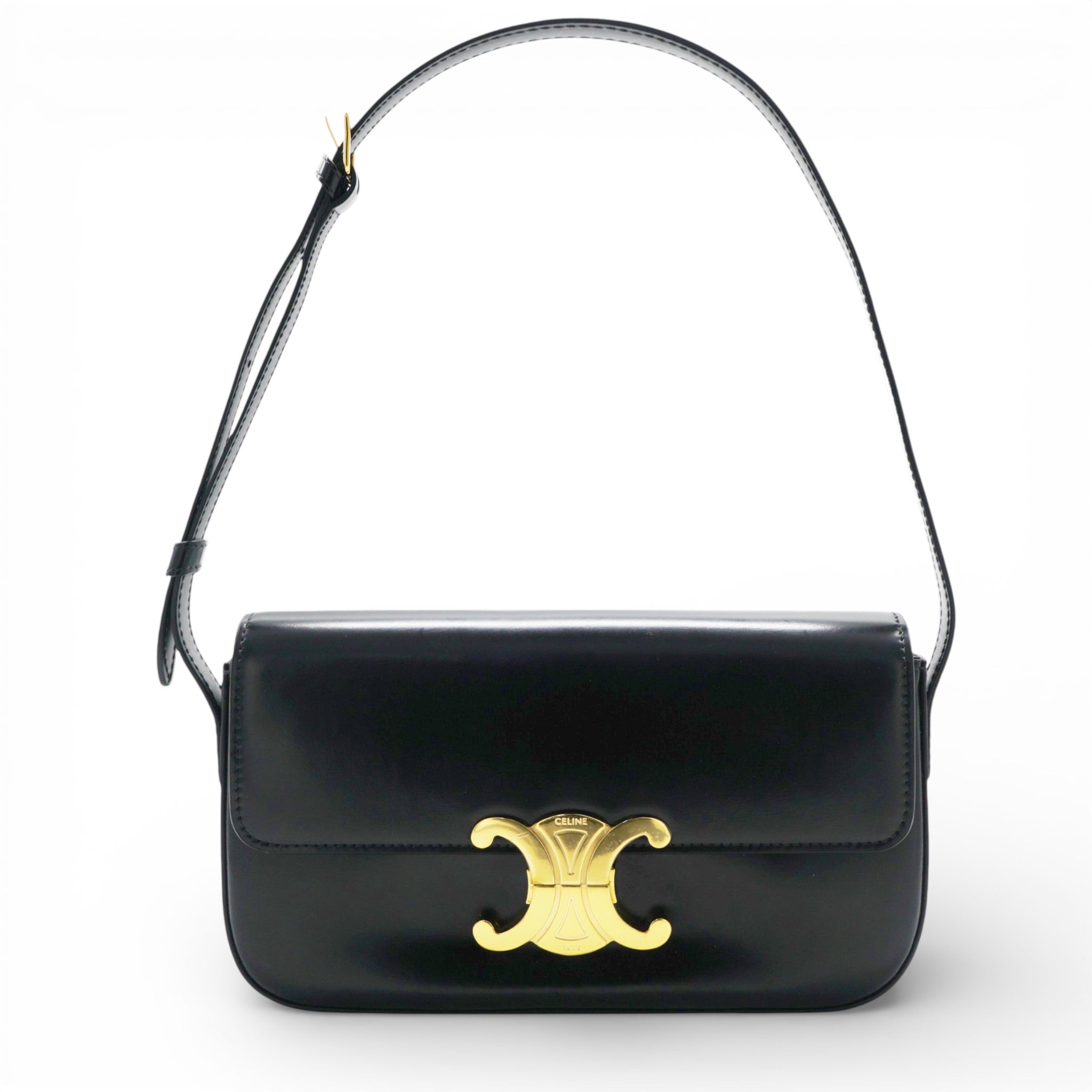 Shiny Leather Triomphe Shoulder Bag Black