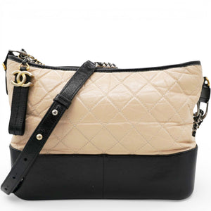 Aged Calfskin Quilted Medium Gabrielle Hobo Beige Black