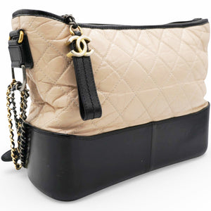 Aged Calfskin Quilted Medium Gabrielle Hobo Beige Black