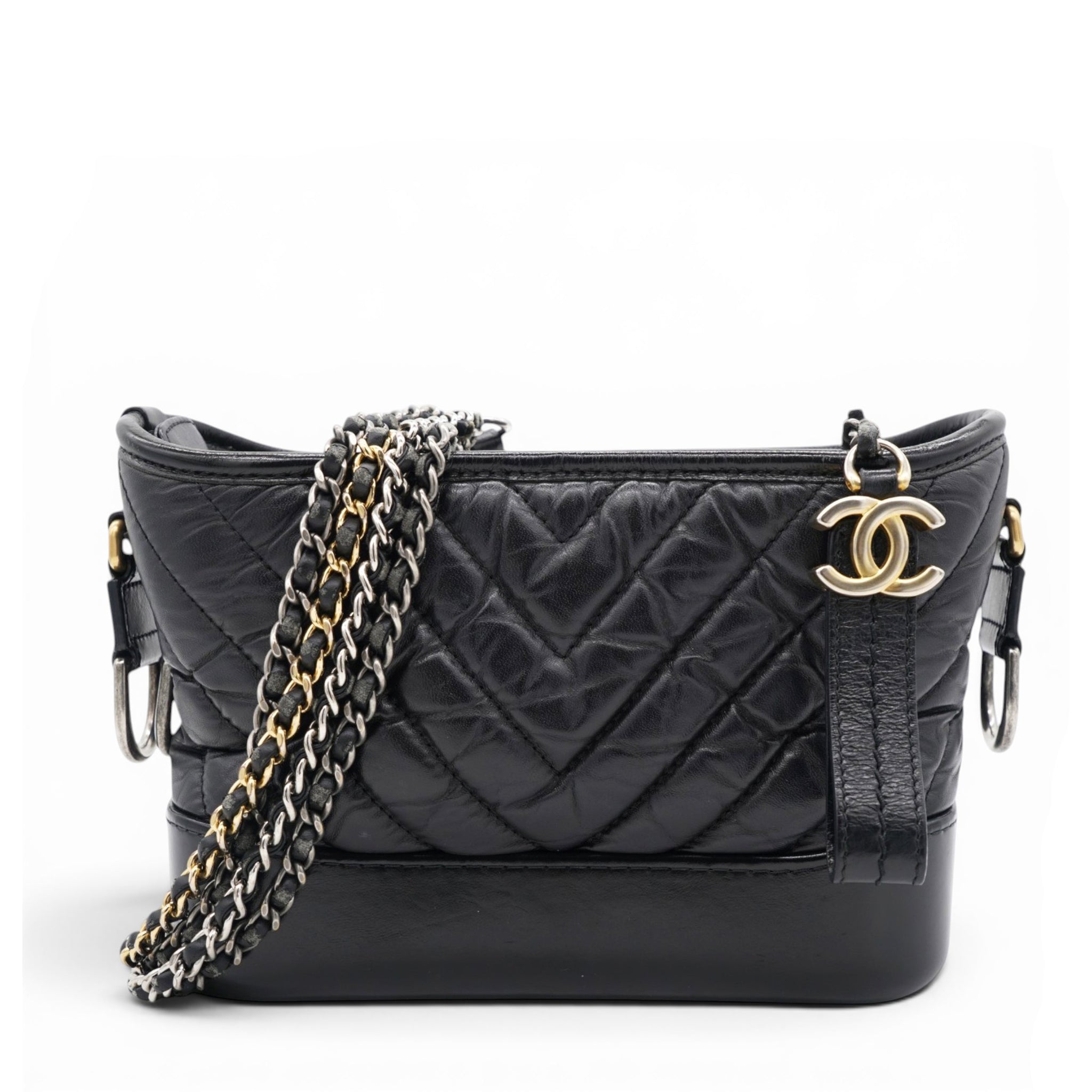 Aged Calfskin Quilted Small Gabrielle Logo Hobo Black
