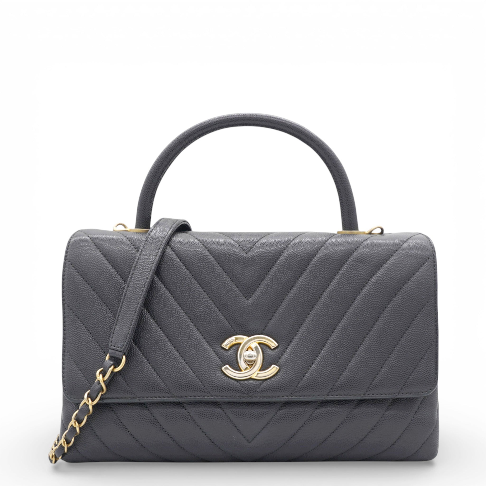 Caviar Chevron Quilted Medium Coco Handle Flap Black