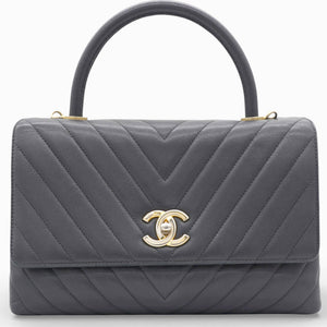 Caviar Chevron Quilted Medium Coco Handle Flap Black