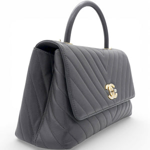 Caviar Chevron Quilted Medium Coco Handle Flap Black