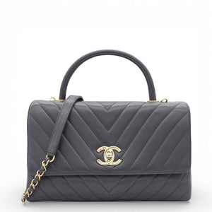 Caviar Chevron Quilted Medium Coco Handle Flap Black