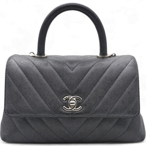 Caviar Chevron Quilted Small Coco Handle Flap Dark Grey
