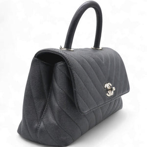 Caviar Chevron Quilted Small Coco Handle Flap Dark Grey