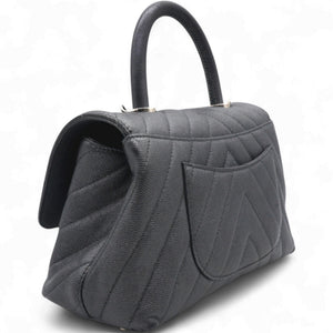 Caviar Chevron Quilted Small Coco Handle Flap Dark Grey