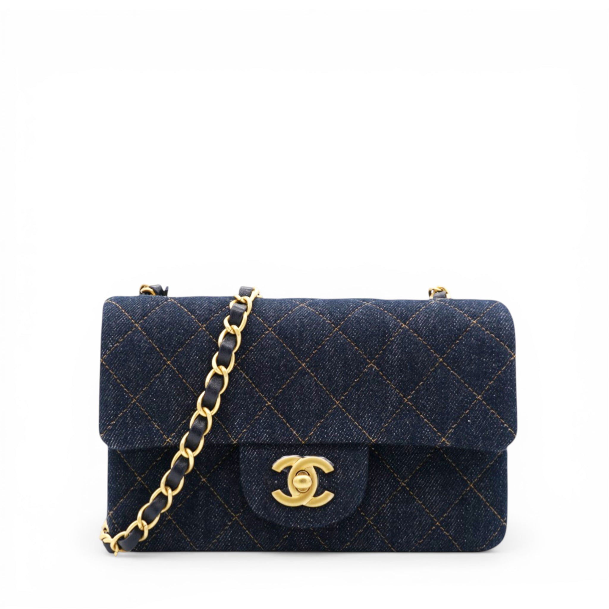Denim Quilted Mini Rectangular Flap Dark Blue