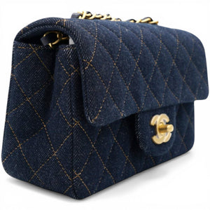 Denim Quilted Mini Rectangular Flap Dark Blue