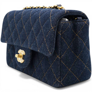 Denim Quilted Mini Rectangular Flap Dark Blue