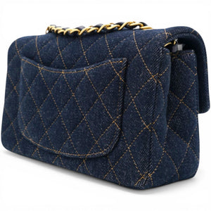 Denim Quilted Mini Rectangular Flap Dark Blue