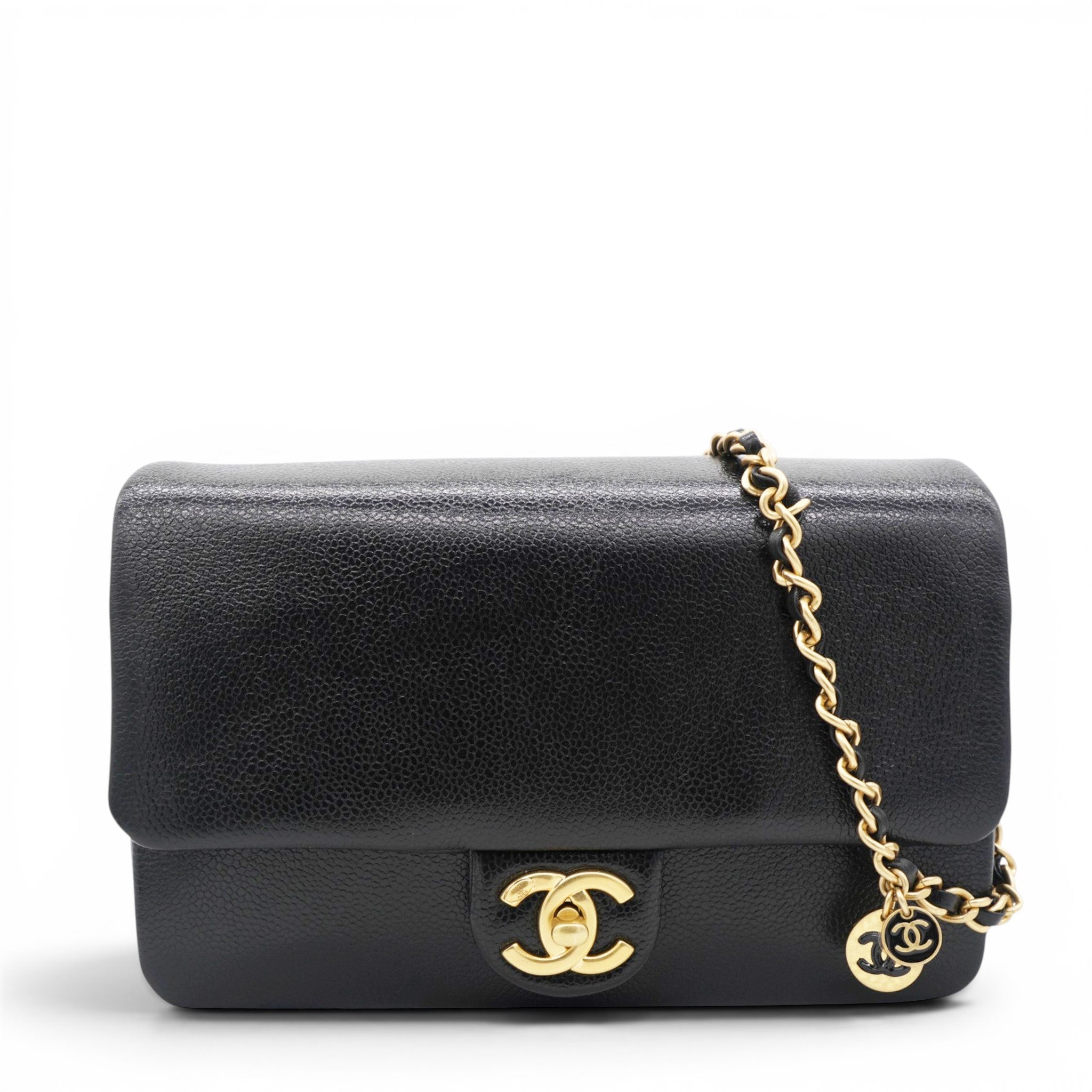 Small Flap Bag Black Shiny Grained Calfskin Brushed Gold Hardware