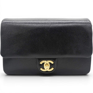 Small Flap Bag Black Shiny Grained Calfskin Brushed Gold Hardware