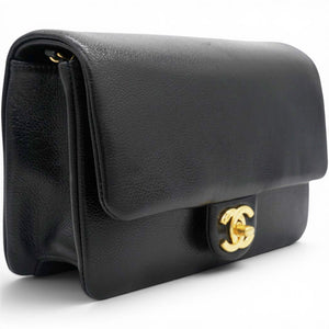 Small Flap Bag Black Shiny Grained Calfskin Brushed Gold Hardware