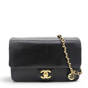 Small Flap Bag Black Shiny Grained Calfskin Brushed Gold Hardware