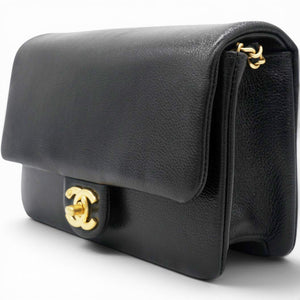 Small Flap Bag Black Shiny Grained Calfskin Brushed Gold Hardware