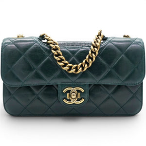 Green Quilted Glazed Calfskin Perfect Edge Flap Bag Gold Hardware