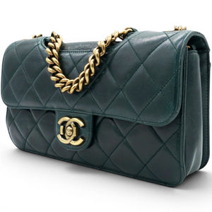 Green Quilted Glazed Calfskin Perfect Edge Flap Bag Gold Hardware