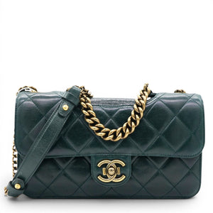 Green Quilted Glazed Calfskin Perfect Edge Flap Bag Gold Hardware