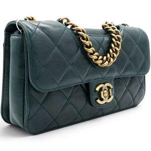 Green Quilted Glazed Calfskin Perfect Edge Flap Bag Gold Hardware