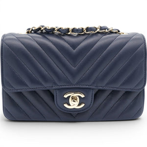 Lambskin Chevron Quilted Mini Chain Around Rectangular Flap Navy