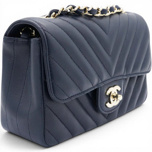 Lambskin Chevron Quilted Mini Chain Around Rectangular Flap Navy
