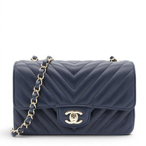 Lambskin Chevron Quilted Mini Chain Around Rectangular Flap Navy