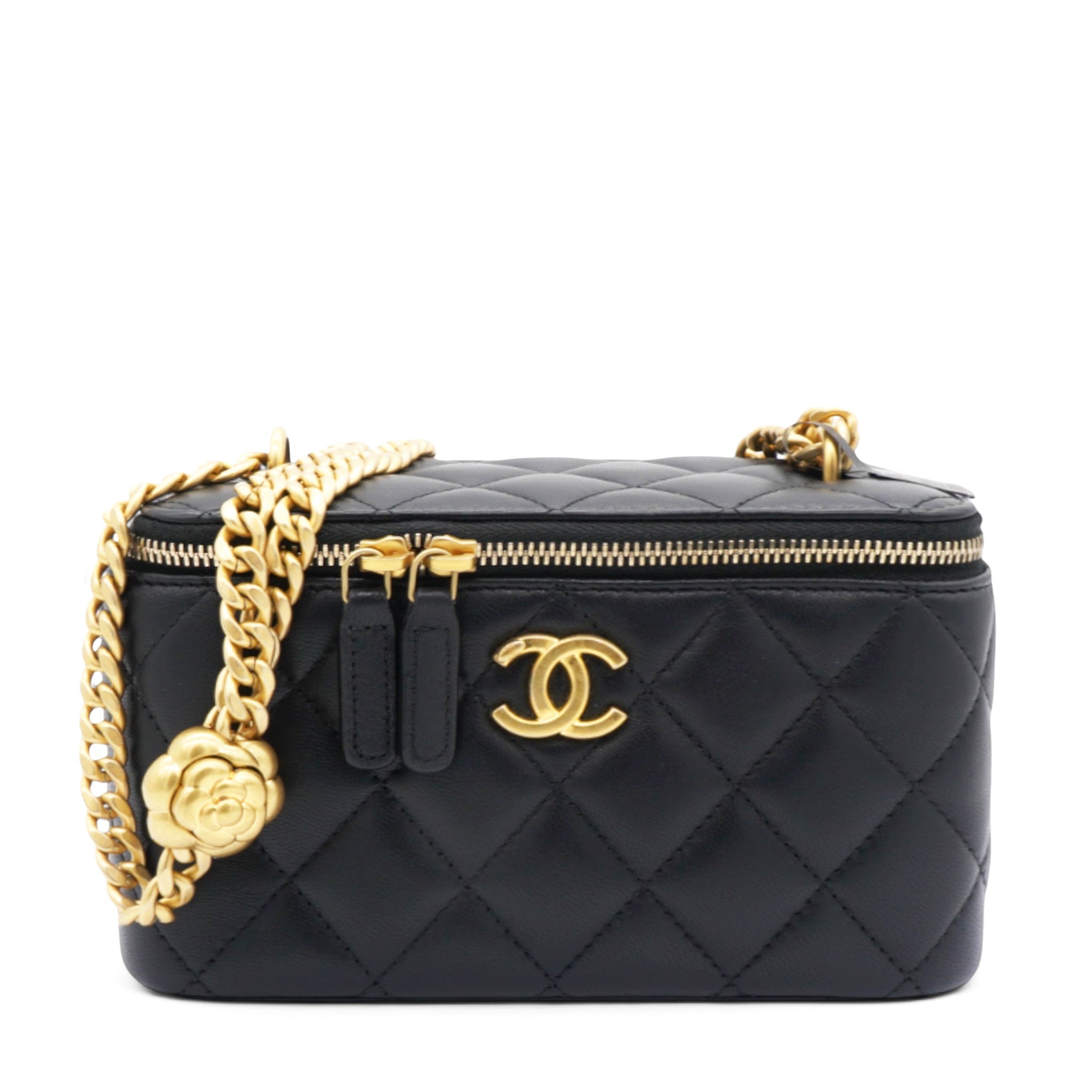 Lambskin Quilted Sweet Camellia Small Vanity Case With Chain Black