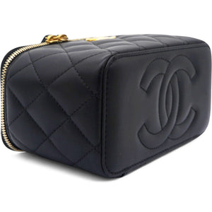 Lambskin Quilted Sweet Camellia Small Vanity Case With Chain Black