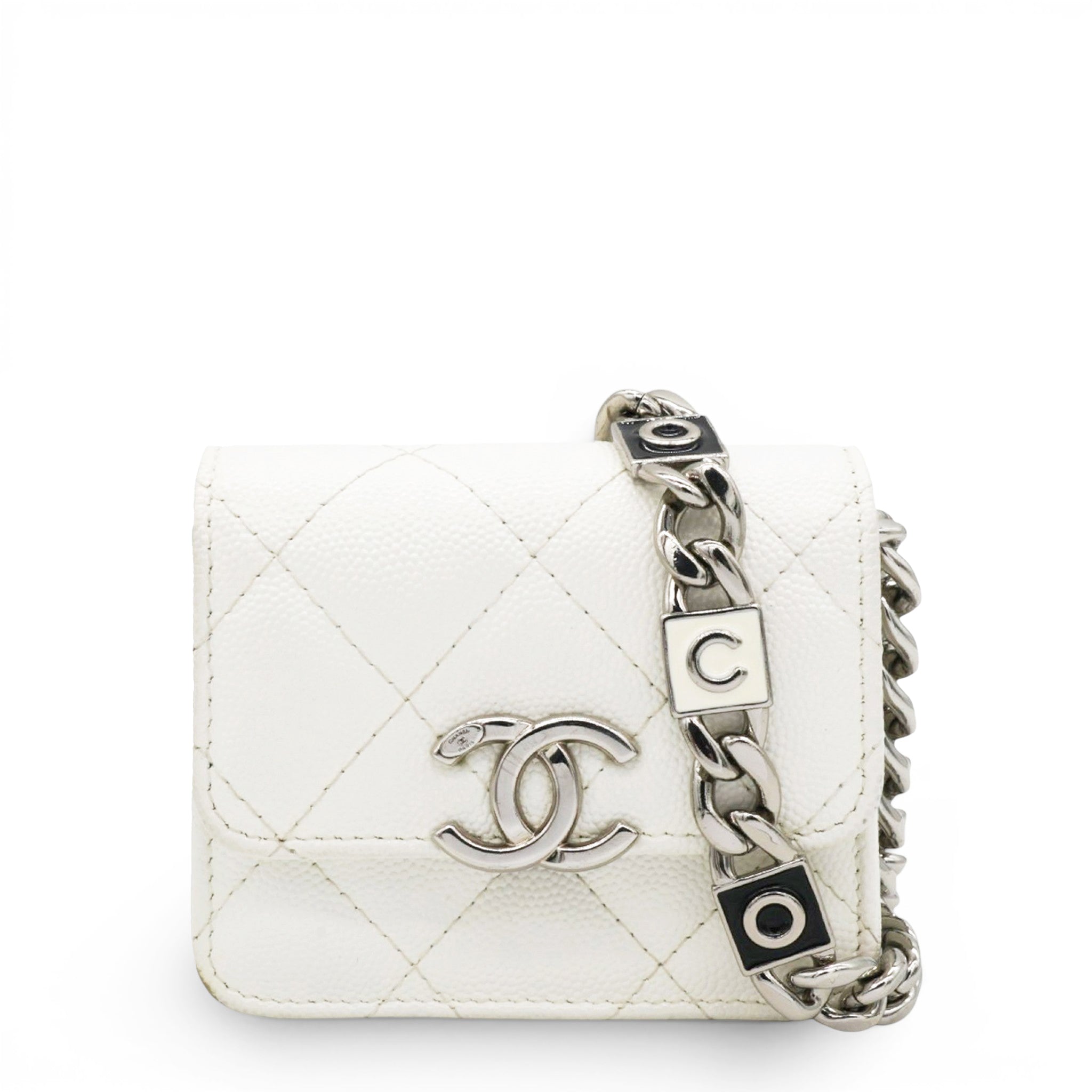 Micro Caviar Quilted Card Holder On Chain White