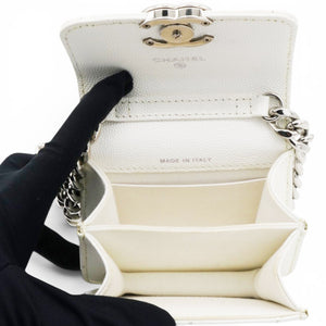 Micro Caviar Quilted Card Holder On Chain White