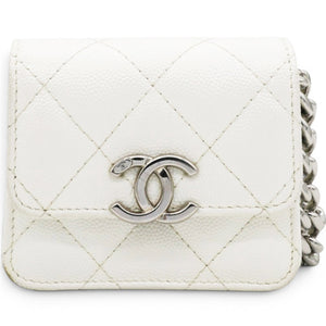 Micro Caviar Quilted Card Holder On Chain White
