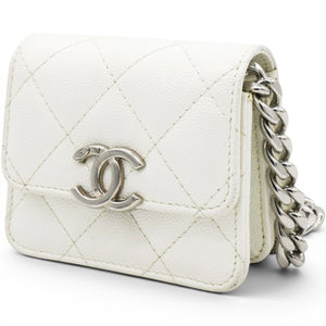 Micro Caviar Quilted Card Holder On Chain White