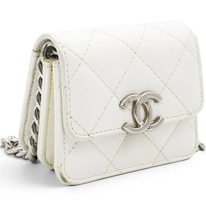 Micro Caviar Quilted Card Holder On Chain White