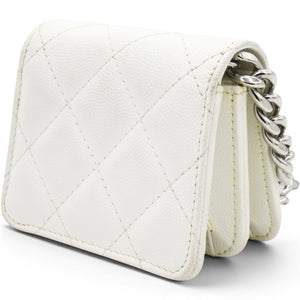 Micro Caviar Quilted Card Holder On Chain White