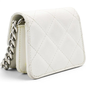 Micro Caviar Quilted Card Holder On Chain White