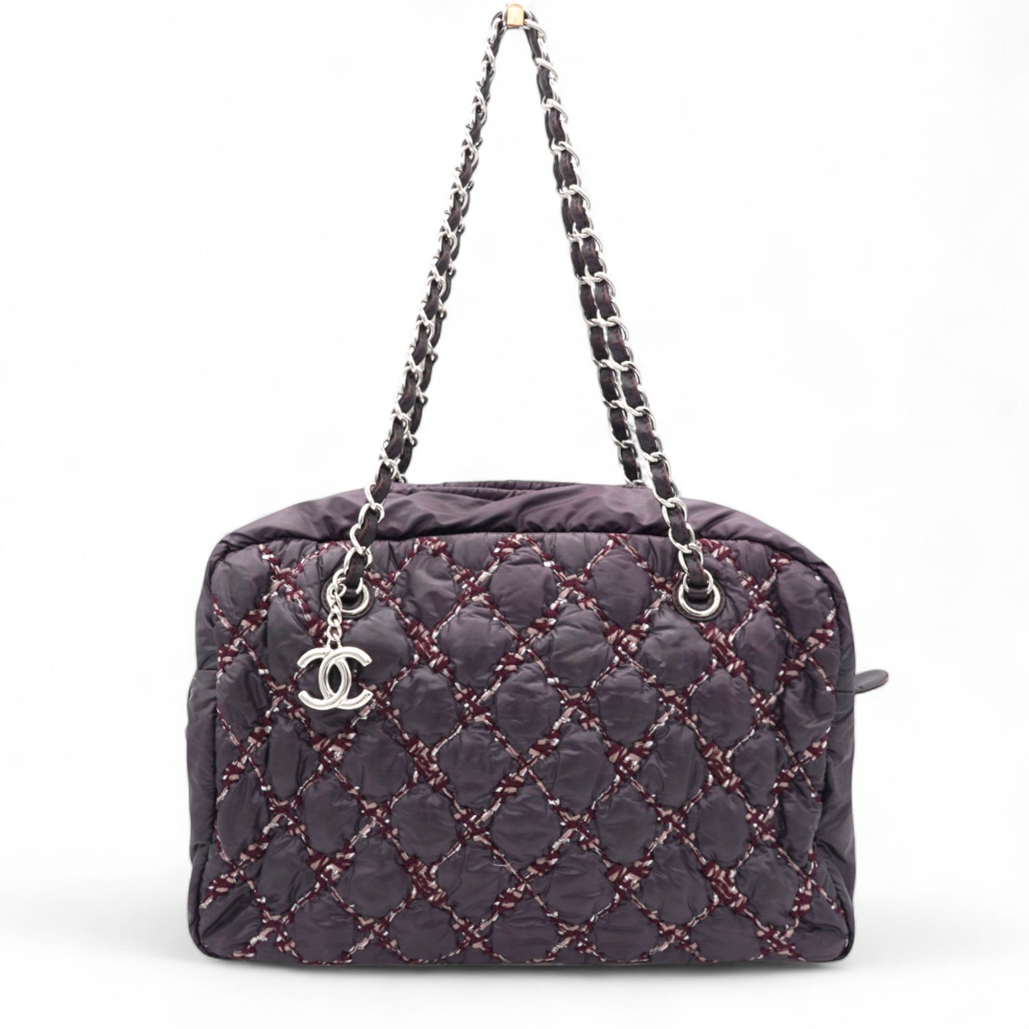 Nylon Quilted Tweed Stitch Bubble Camera Case Purple