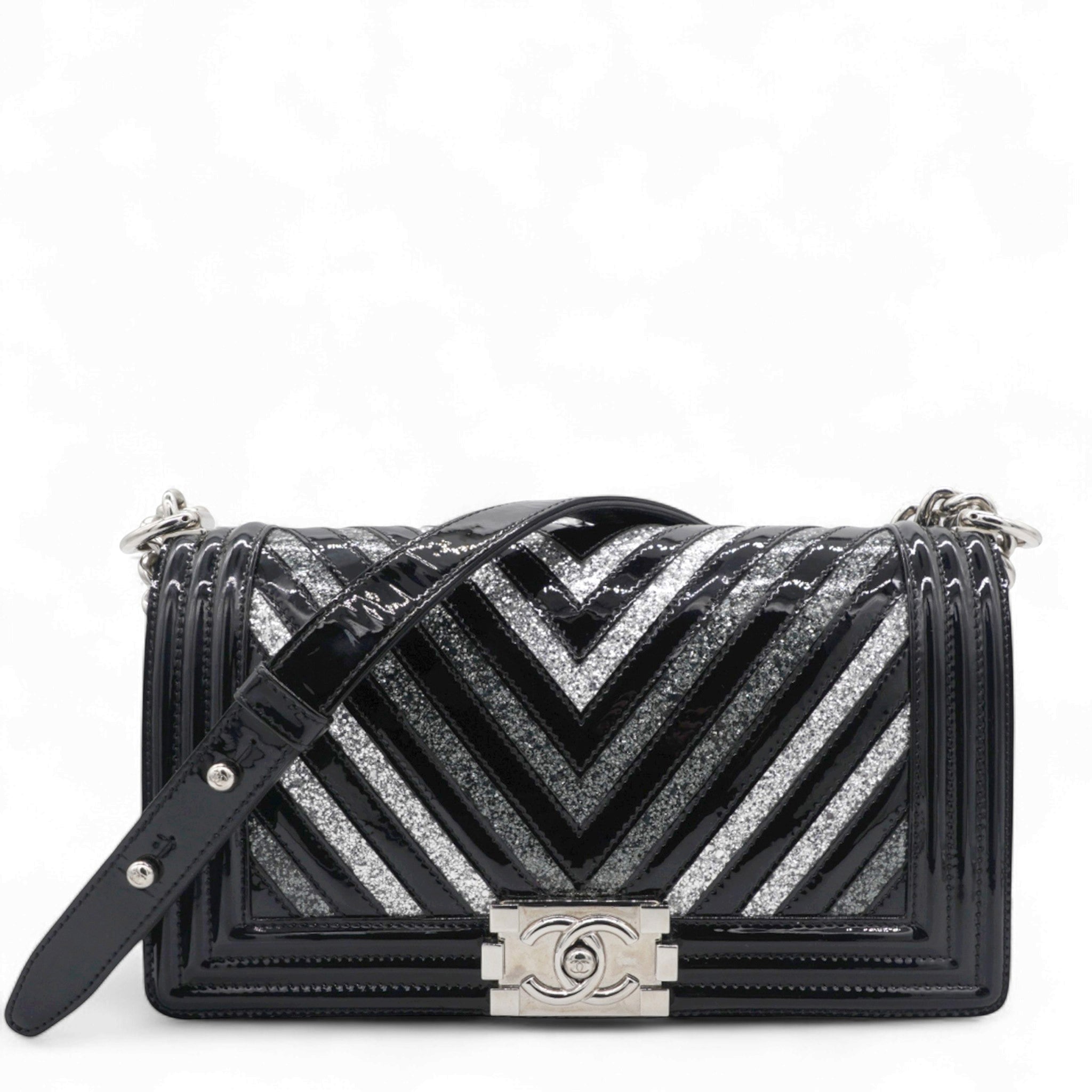 Patent Glitter PVC Chevron Quilted Medium Boy Flap Black Silver