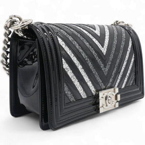 Patent Glitter PVC Chevron Quilted Medium Boy Flap Black Silver