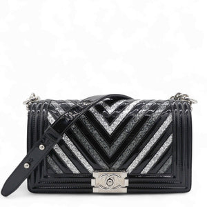 Patent Glitter PVC Chevron Quilted Medium Boy Flap Black Silver