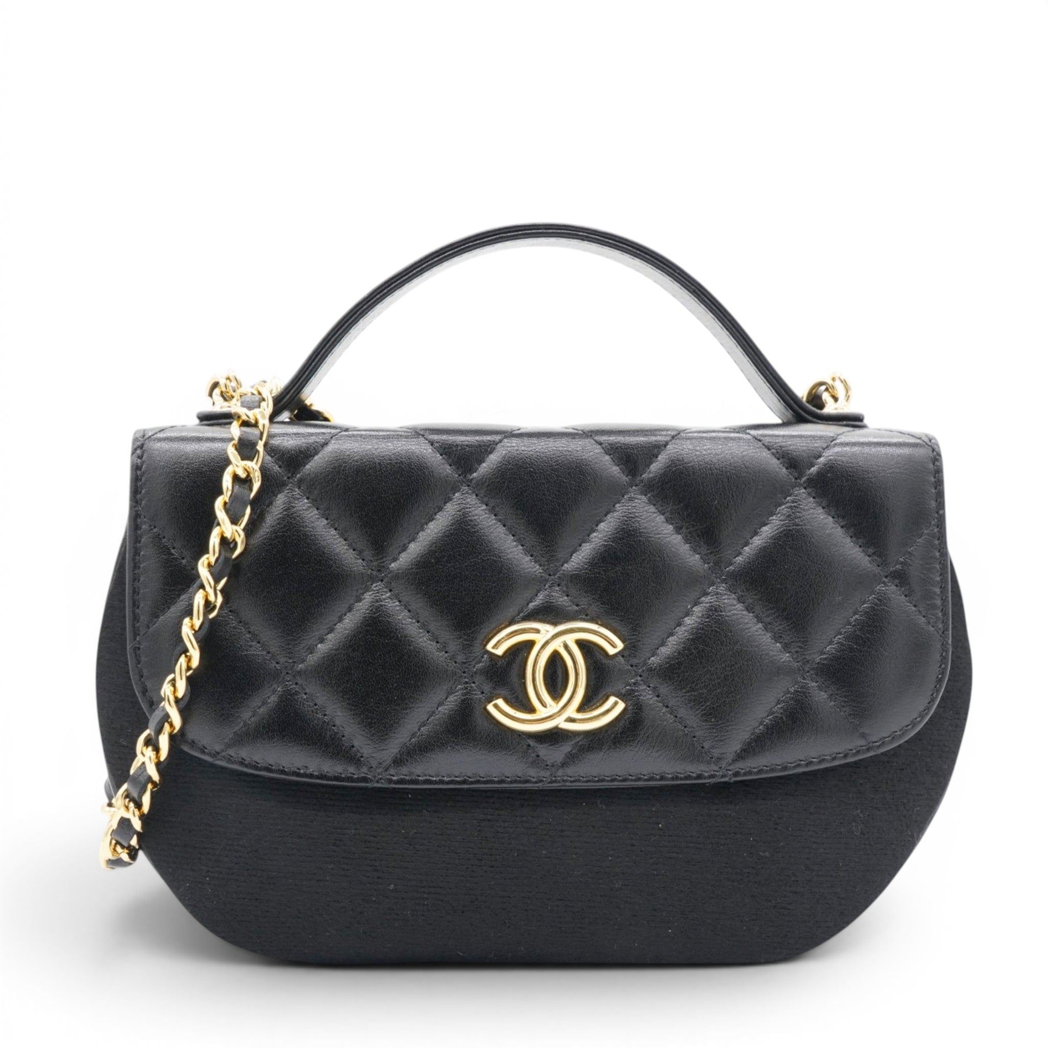 Shiny Leather Quilted Flap Phone Holder With Chain Black