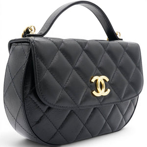 Shiny Leather Quilted Flap Phone Holder With Chain Black