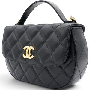 Shiny Leather Quilted Flap Phone Holder With Chain Black