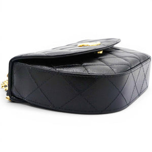 Shiny Leather Quilted Flap Phone Holder With Chain Black