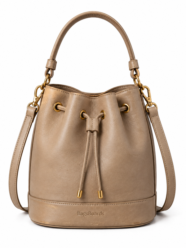 Pre-Owned Taupe Drawstring Bucket Handbag