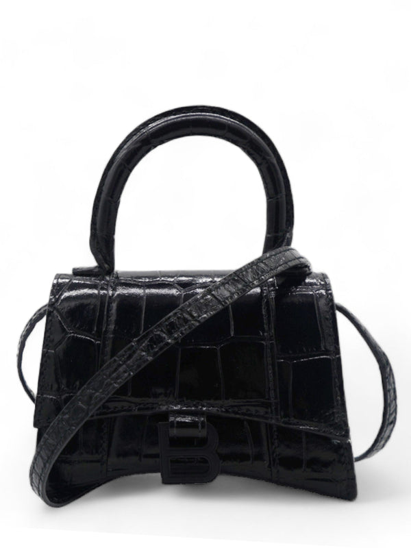 Mini Hourglass Black Crocodile Embossed