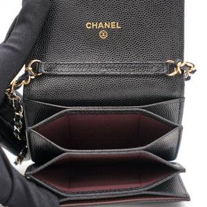Black Caviar Leather Flap Card Holder with Chain