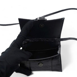 Mini Hourglass Black Crocodile Embossed
