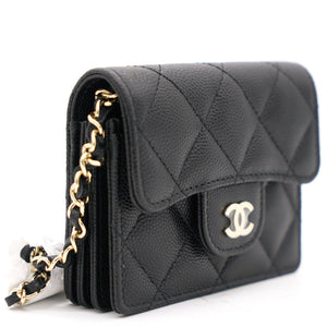 Black Caviar Leather Flap Card Holder with Chain