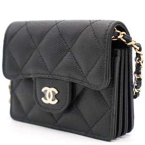 Black Caviar Leather Flap Card Holder with Chain